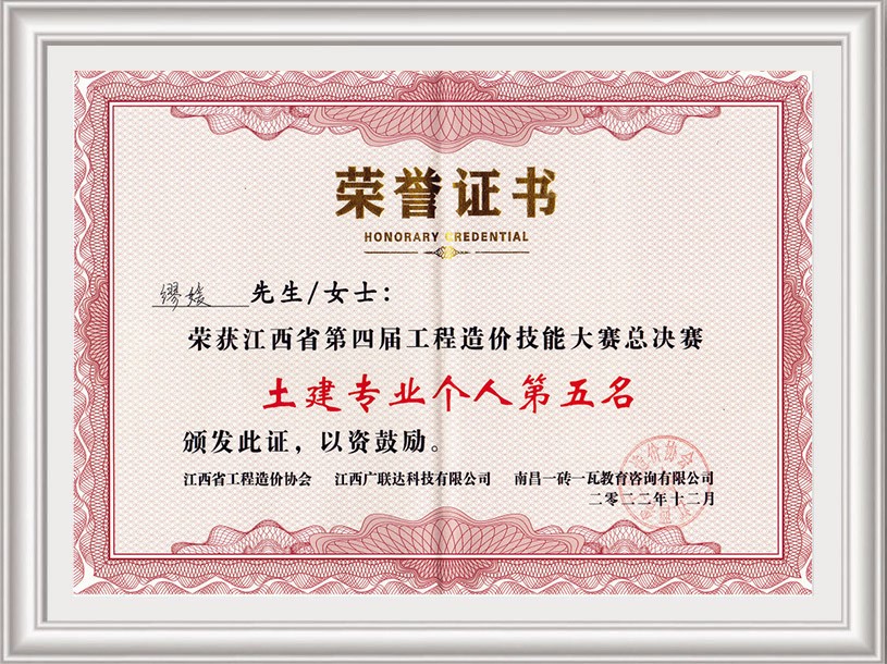 江西省第四屆工程造價(jià)技能大賽個(gè)人成績(jī)第五名